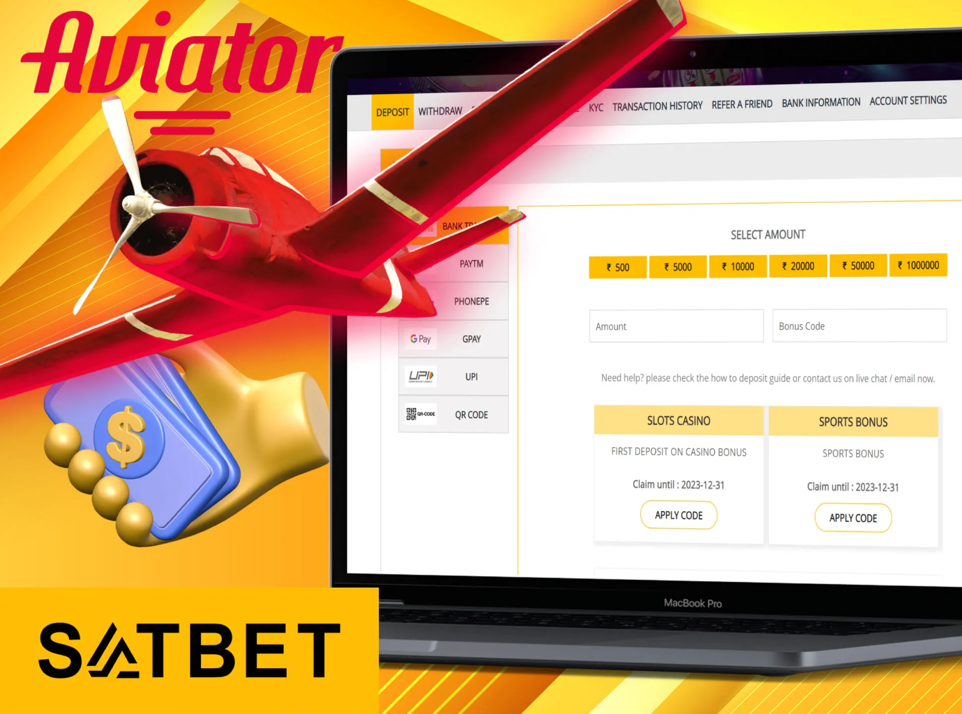 Deposit and withdraw after playing the Aviator game at the Satbet.